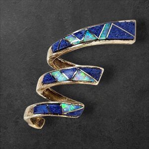 Sterling Silver Spiral Pendant Lapis & Opal Inlay Southwestern Style Signed Blue